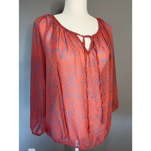 Olivia Moon Womens Peasant Top Blouse Tie Front Size Large
